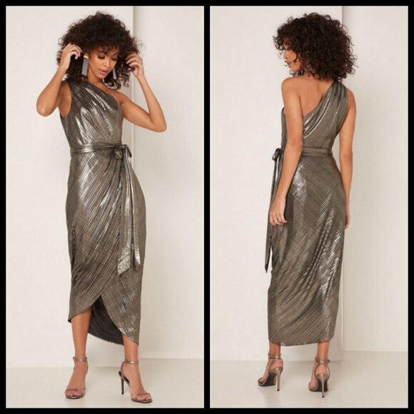 💕TED BAKER💕 Gabria One Shoulder Drape Midi Dress ~ Metallic Gold US 12 NWT - Picture 4 of 16